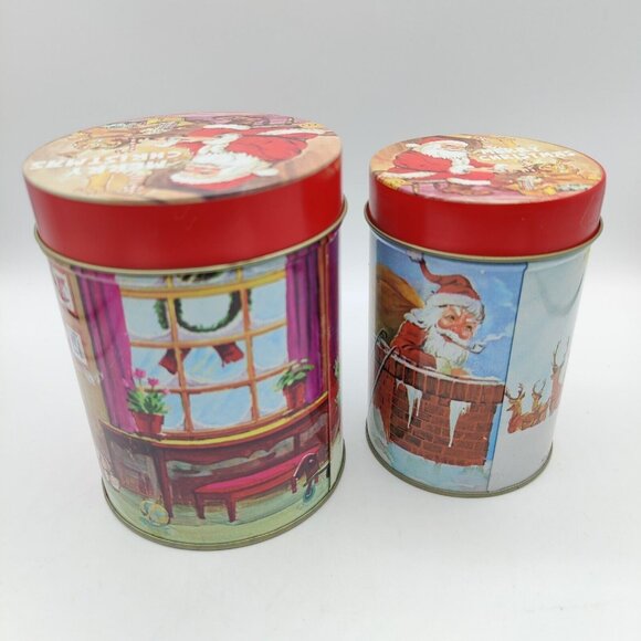 Vintage Nesting Christmas Canister Set of 2 Santa Tree Tins Metal Hong Kong - Picture 9 of 12